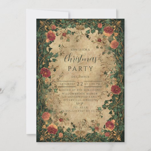 Vintage Amaryllis Holly Christmas Einladung (Vorderseite)