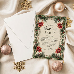 Vintage-Amaryllis- und Stechpalmen-Weihnachten Einladung