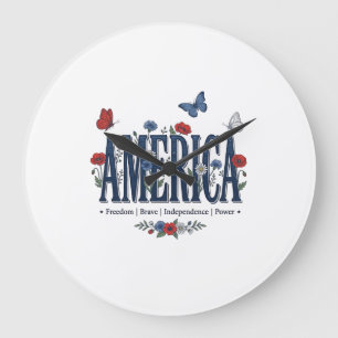 Vintage America Floral Butterfly Patriotisches Hem Große Wanduhr