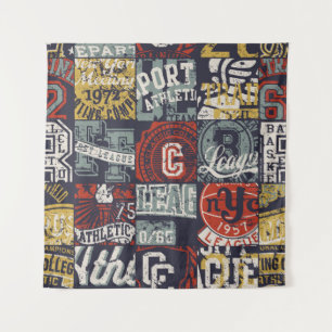 Vintage American college sporting badges patchwork Wandteppich