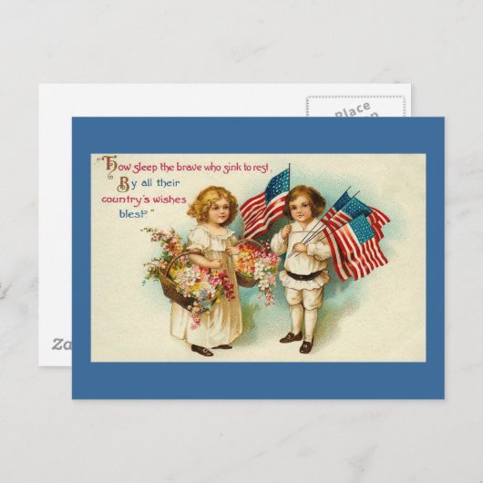 Vintage Amerikanana Kinder mit Flaggen Postkarte (Vorne/Hinten)