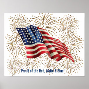 Vintage amerikanische Flagge mit Gold-Glitzer-Feue Poster