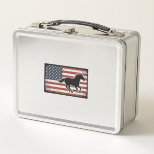 Vintage-Amerikanische-Flagge-Pferd-Vektor-Art-Desi Metall Brotdose