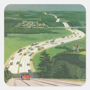 Vintage amerikanische Landschaften, Autos Roadtrip Quadratischer Aufkleber