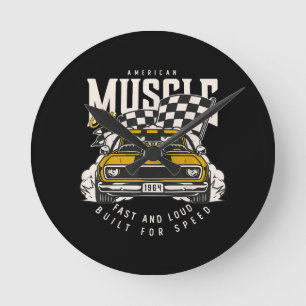 Vintage-Amerikanische-Muscle-Car-Rennflagge Runde Wanduhr