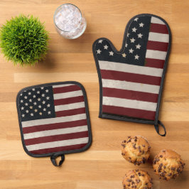 Vintage amerikanische Wasserfarbenflagge 4. Juli Ofenhandschuh & Topflappen-Set