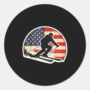 Vintage-amerikanischer-Flagge-Skifahrer-Silhouette Runder Aufkleber