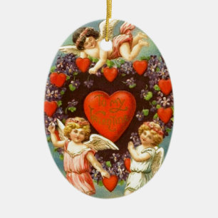 Vintage Amoren des Valentine-3 und rote Herzen Keramik Ornament