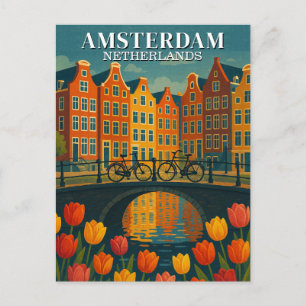 Vintage Amsterdam Fahrräder auf Brückenblumen Postkarte