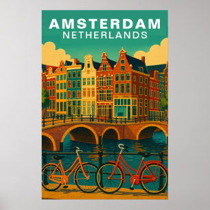 Vintage Amsterdam Niederlande Kanäle & Fahrrad Poster