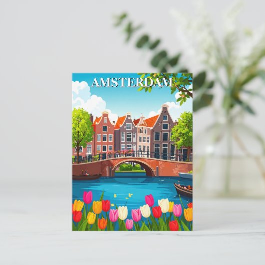 Vintage Amsterdamer Reise mit Tulips Postkarte (Stehend Vorderseite)