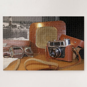 Vintage-Analogkamera im braunen Lederetui Puzzle