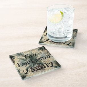 Vintage Ananas auf Gold Foil Familienname Glasuntersetzer