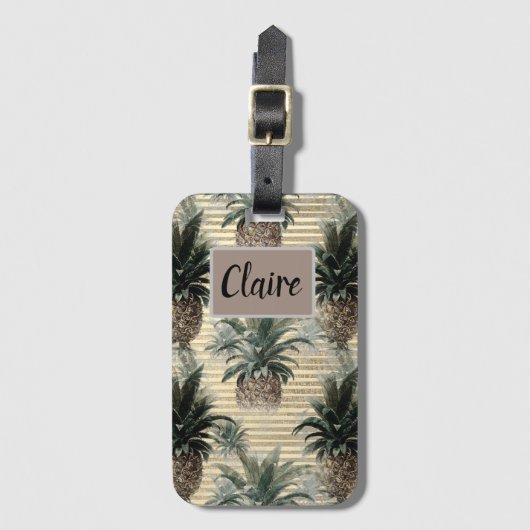 Vintage Ananas auf Goldfolie gestreift Gepäckanhänger (Vorderseite Vertikal)