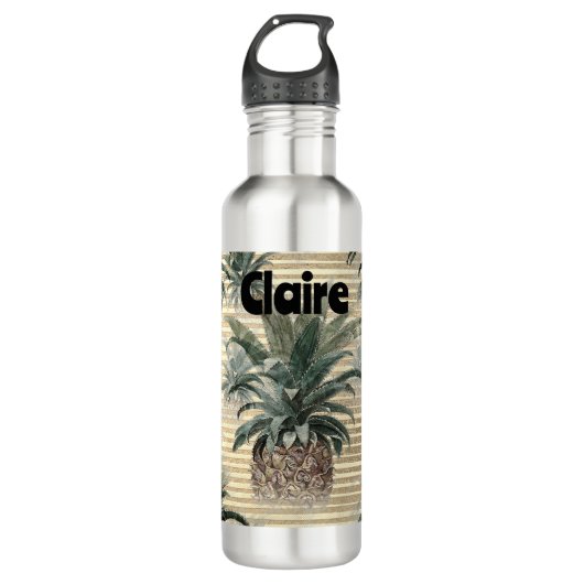 Vintage Ananas-Goldfolie gestreift Personalisiert Edelstahlflasche (Vorderseite)