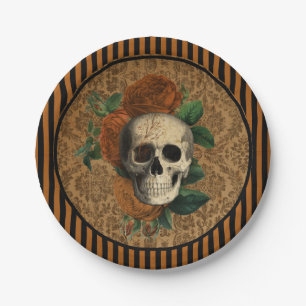 Vintage Anatomie Totenkopf mit Rosen Halloween Pappteller