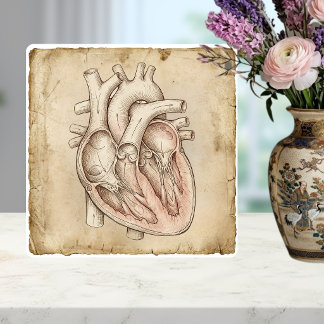 Vintage anatomische Herz-Tintenzeichnung Sepia Fliese