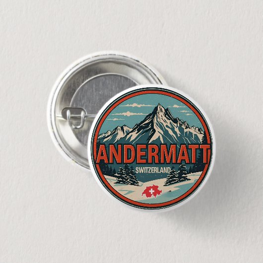 Vintage ANDERMATT Ski Schweiz Schweizer Alpen Gesc Button (Vorne & Hinten)