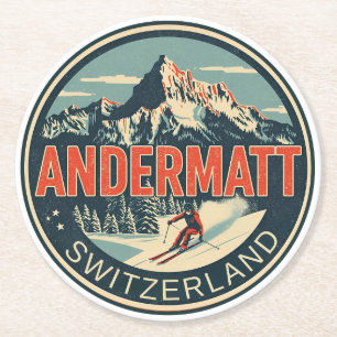 Vintage ANDERMATT Ski Schweiz Schweizer Alpen Gesc Runder Pappuntersetzer