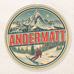 Vintage ANDERMATT Ski Schweiz Schweizer Alpen Gesc Runder Pappuntersetzer