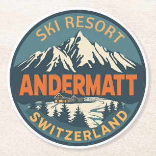Vintage ANDERMATT Ski Schweiz Schweizer Alpen Gesc Runder Pappuntersetzer