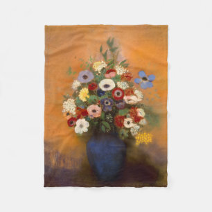 Vintage Anemone und Lila in blauer Vase Fleecedecke