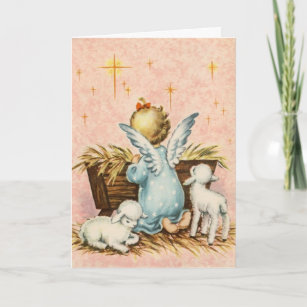 Vintage Angel and Lambs Sitting By A Manger Feiertagskarte