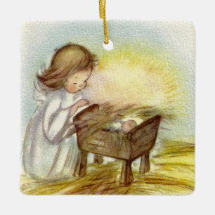 Vintage Angel Girl Watching Baby Jesus schlafen Keramikornament