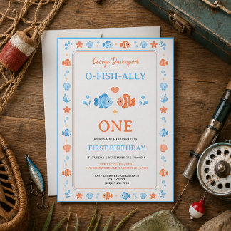 Vintage Angelrute O-Fish-Ally One 1. Geburtstag Einladung