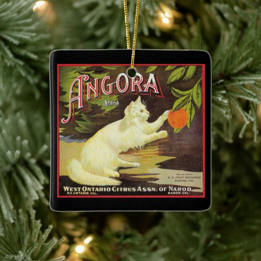 Vintage Angora White Cat Citrus Fruit Label Keramikornament (Baum)