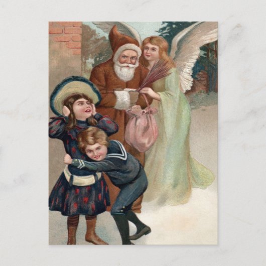 Vintage Angry Santa und Engel Weihnachts Postkarte (Vorderseite)