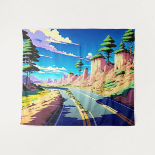 Vintage Anime Road Landschaft Wandteppich
