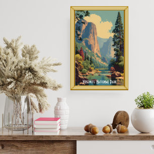 Vintage-Ansicht des Talflusses im Yosemite-Nationa Poster
