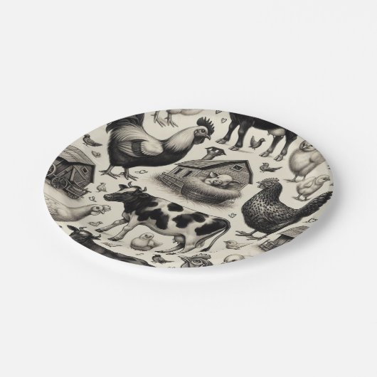 Vintage Anstrichfarben von Nutztieren Pappteller (Schrägansicht)