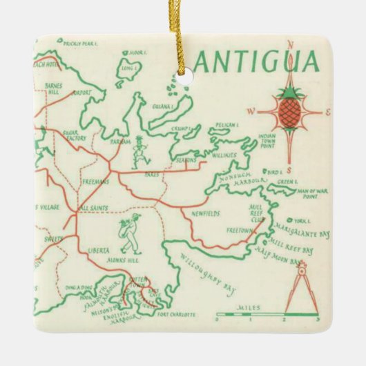 Vintage Antigua-Inselkarte Keramikornament (Vorderseite)