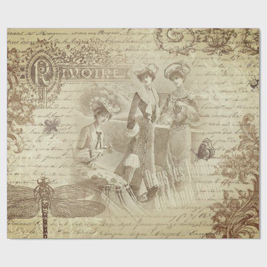 Vintage antike französische Mode Ephemeraskript Geschenkpapier (Flach)