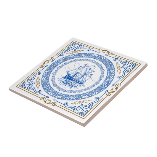 Vintage antike königsblaue Schiffsgrenze Fliese (Seite)