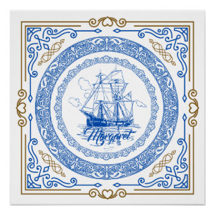Vintage antike königsblaue Schiffsgrenze Poster