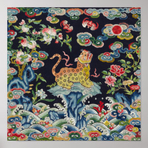 Vintage antike Leoparden-Blume Stickereitextilien Poster