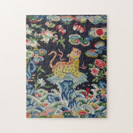 Vintage antike Leoparden-Blume Stickereitextilien Puzzle