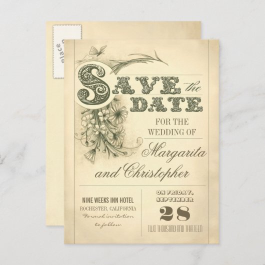 Vintage antike Postkarten Save the Date (Vorne/Hinten)