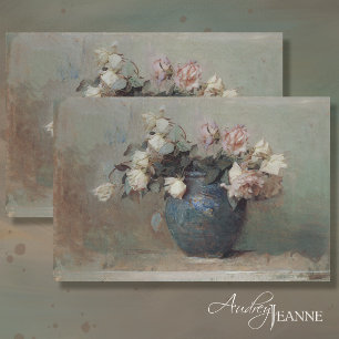 Vintage antike Rosa Rose Bouquet Blue Vase Seidenpapier