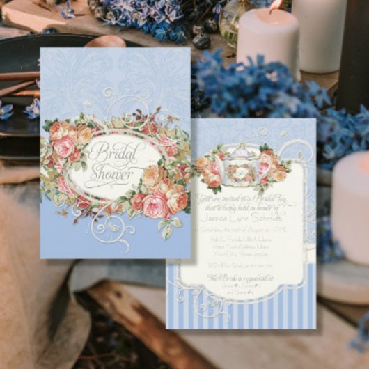 Vintage antike Rose Blumenbouquet Periwinkle Einladung