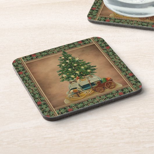 Vintage antike Weihnachtsbaume Geschenke Grün Getränkeuntersetzer (Linke Seite)