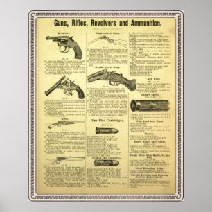 Vintage Anzeigengewehre, -gewehre, -revolver und Poster