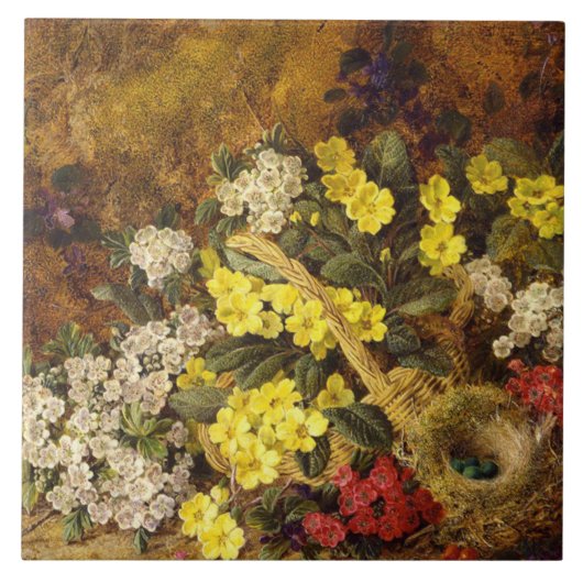 Vintage Apfelblütenprirosen und Vogelnest Fliese (Vorderseite)