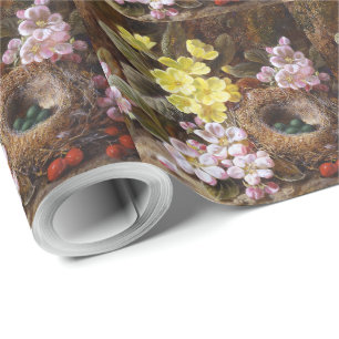 Vintage Apfelblütenprirosen und Vogelnest Geschenkpapier