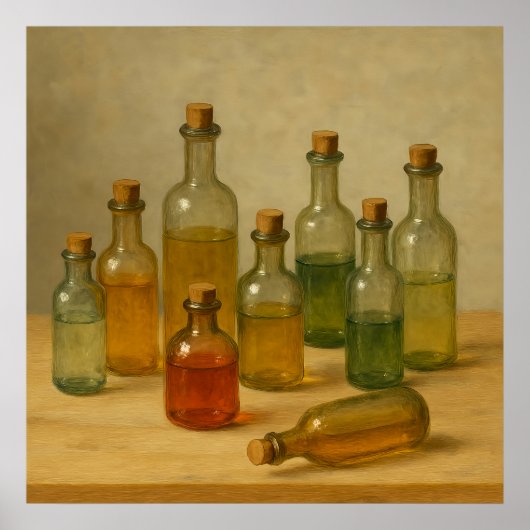 Vintage Apothekenflaschen Stillleben - warme Töne Poster (Vorne)
