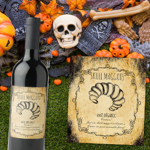 Vintage Apotheker-Totenkopf- und Maden-Halloween-W Weinetikett