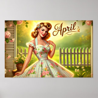 Vintage April Pin-Up Frühling Garten Poster